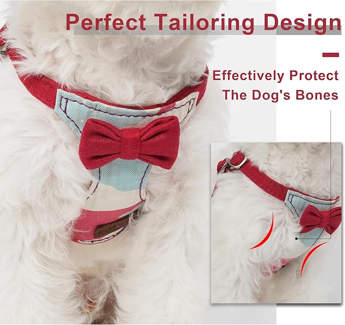 Puppytie No Pull Small Dog Harness with Multifunction Dog Leash,Lightweight Soft Adjustable No Choke Escape Proof Pet Harness Vest Pet Harness Vest,Suede Bow Wine red,S