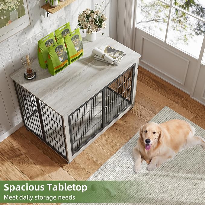 43" Movable Extra Large Dog Crate, Wooden Furniture Dog Crate with Top Access for Teasing/Feeding, 4 Rotating Wheels, Heavy-Duty Large Dog Kennel Indoor as End Table, Chew-Resistant, Gray