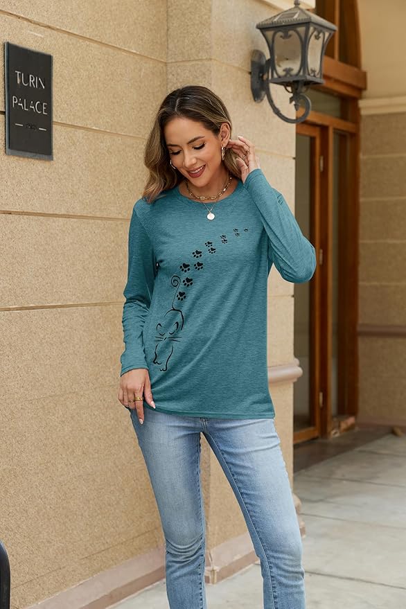 Women's Long Sleeve tees Cat Mom Graphic Tee Shirts Womens Graphic t Shirts Pullover Tops