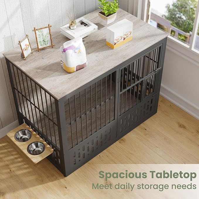 48 Inch XXL Dog Crate Furniture, Wooden Chewproof Dog Kennel with Interactive Window, 360° Adjustable Bowls (5 Heights), Storage Table Top, Heavy Duty XL Dog Crate for Medium Large Dogs, Gray