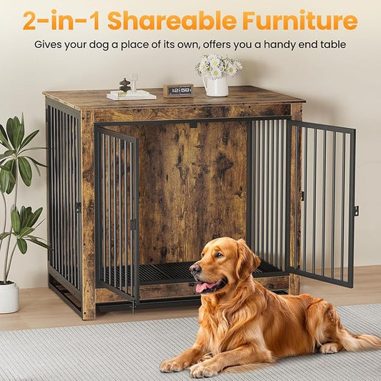 Dog Crate Furniture, 42 InchI ndoor Large Dog Kennel for Medium to Large Dogs Up to 70 LBS, Heavy Duty Wooden Pet Cage End Table with 3 Doors, Alloy Steel Frame & Removable Tray