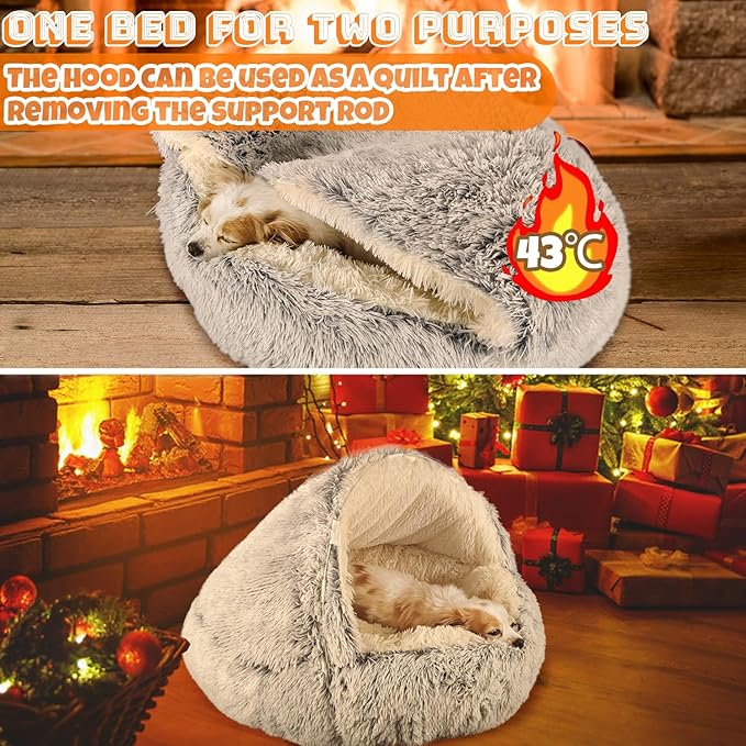 Hooded with Supports Dog Bed,Deluxe Plush Dog Cave Bed for Medium Small Dogs Cats Under 22 lbs/10kg, Warming Cozy Soft Faux Fur Donut Pet Bed,Removable Washable Cover and Anti Slip Bottom