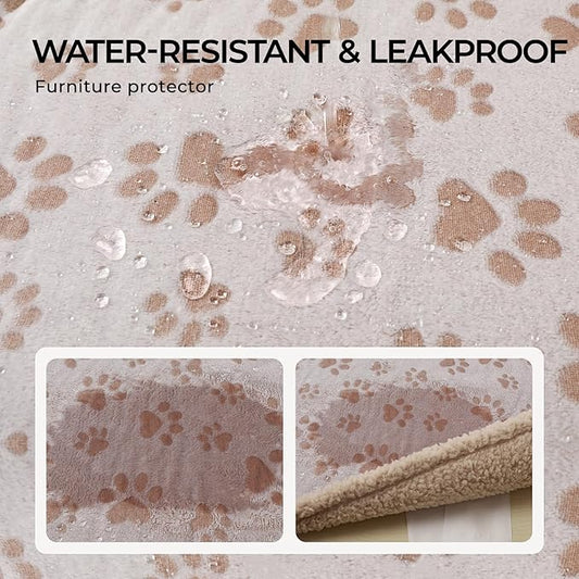 Luciphia Waterproof Pet Blankets Whith Paw Print for Couch Sofa Bed Cover, Liquid Pee Proof Soft Fluffy Dog Blanket Washable, Reversible Furniture Protection Puppy Cat, Khaki, Large(65" x 57")