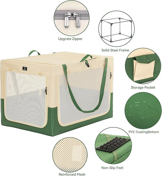 Soft Dog Crate 40 Inch Large Portable Collapsible Pet Travel Kennel, 3-Door Lockable Zippers & Reinforced Steel Frame, Easy Setup, Mesh Panels — Ideal for SUV, Car, Camping & Home Use