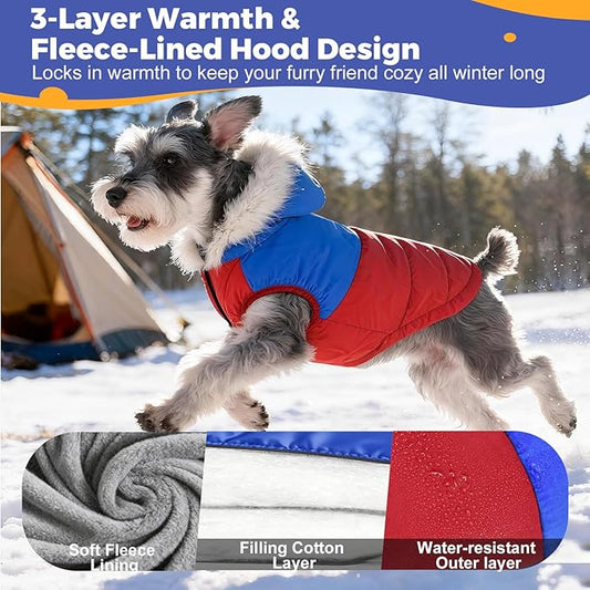 Dog Winter Coat with Hood, Fleece Lined Waterproof Dog Jacket,Warm Snowsuit for Small Medium Dog