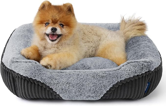 Bedsure Washable Dog Bed Small Dog&Cat- Rectangle Fluffy Plush Kitten Puppy Bed, Comfy Corduroy Fleece and Nonskid Bottom,20x19x6inches,Suitable for Pet Up to 15lbs,Grey