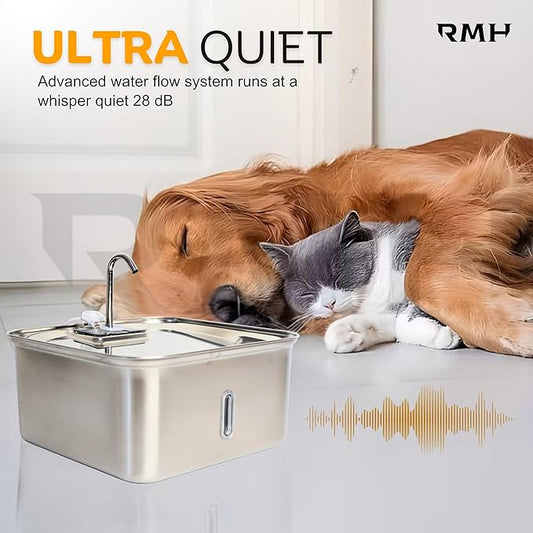 7L Stainless Steel Cat & Dog Water Fountain with 12×16 Waterproof Anti-Slip Mat, Automatic Pet Water Fountain with Quiet Pump, Triple-Stage Filter & LED Water Window for Multi-Pet Homes