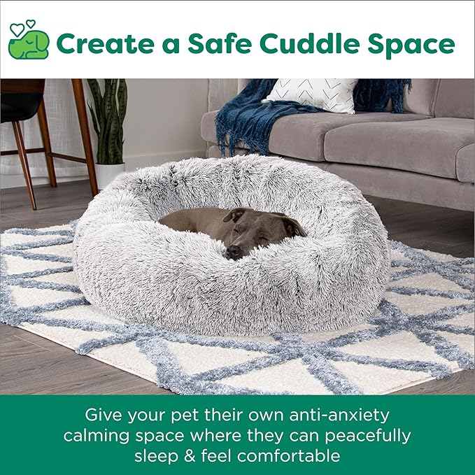 FurHaven 45" Calming Donut Dog Bed for Large Dogs, Round Plush Donut with Soft Filling for Snuggling Comfort, Removable Washable Cover, Jumbo/XL, Shaggy Faux Fur, Mist Gray