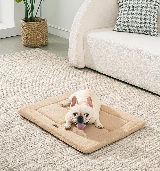 MADE 4 PETS Dog Crate Pad Bed for Small Dogs, Washable & Reversible, Anti-Slip Kennel Mat for Cozy Sleeping, Soft Fluffy Dog Bed for Indoor & Outdoor Use, 24"x18", Khaki
