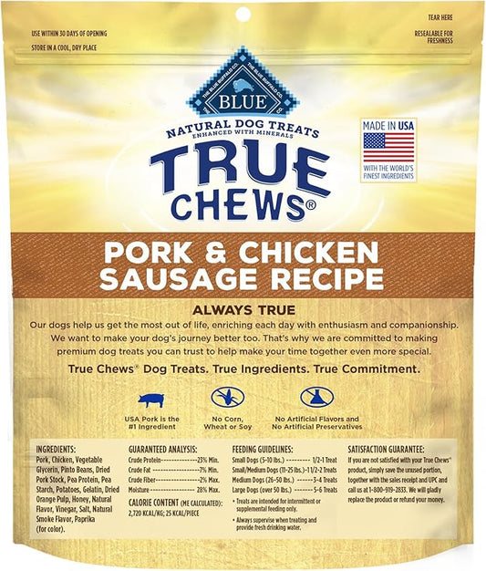 Blue Buffalo True Chews Dog Treats, Made in The USA with Natural Ingredients, Pork and Chicken Sausage Recipe, 14-oz Bag