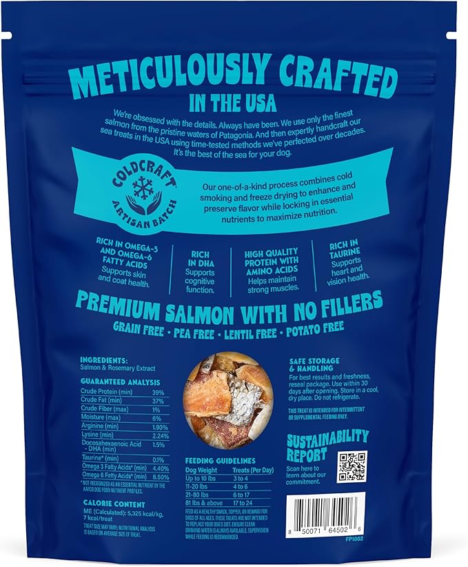 Finfare Freeze Dried Dog Treats, Salmon Skin Bites, Protein & Omega-3s, Grain Free Salmon Dog Training Treats, Crafted in USA, 9oz