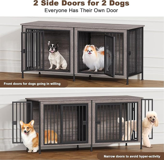 EasyCom Dog Crate Furniture for 1 or 2 Dogs, Heavy Duty Single/Double Dog Crates for Small/Medium/Large Dogs, Dog Kennel Furniture Indoor as TV Stand, Medium Size 63" L(20-35 Pounds), Oak Grey