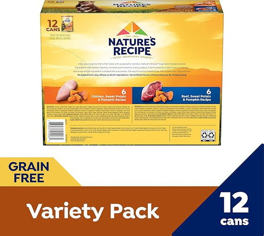 Nature's Recipe Grain Free Wet Dog Food Paté Variety Pack Chicken and Beef Recipes with Sweet Potato & Pumpkin, 13oz. Cans (Pack of 12 Cans)