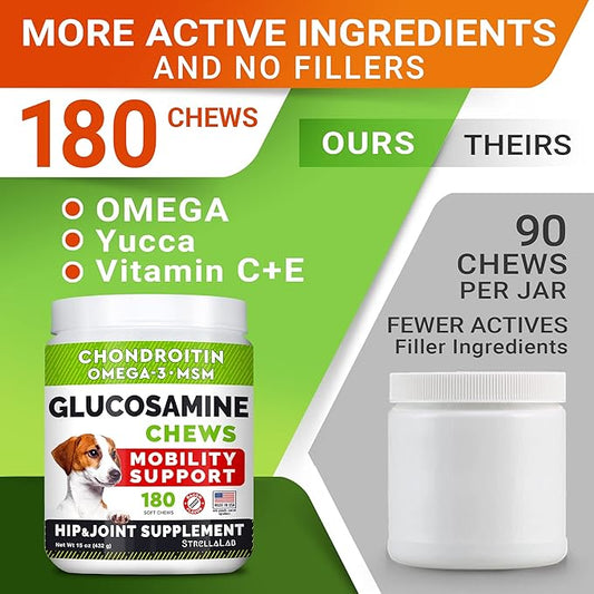 Glucosamine Treats for Dogs - Joint Supplement w/Omega-3 Fish Oil - Chondroitin, MSM - Advanced Mobility Chews - Joint Pain Relief - Hip & Joint Care - Hickory Bacon Flavor - 180 Ct - Made in USA