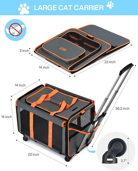 MILADA Extra Large Cat Carrier with Wheels for Big Cats & Small Dogs Soft Sided Rolling Pet Carrier Detachable XL Cat Stroller for Travel, Hiking, Vet & Hospital Use, Orange