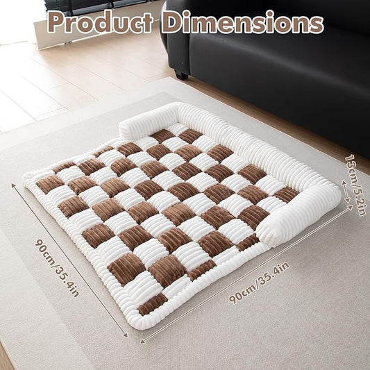 LiveGo Fuzzy Pet Couch Covers for Sofa, Dog Couch Cover Fuzzy Sofa Cover Cream Square Plaid Dog Bed Plush Dog Mat for Furniture Protector for Large Medium Dogs and Cats (Dark Brown, 35.4"*35.4")
