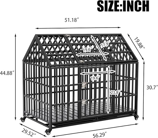 52/48/44 Inch Heavy Duty Dog Crate Indestructible and Escape-Proof Dog Cage Kennel for Large Medium Dogs Extra Large XL XXL with Lockable Wheels Removable Tray Double Door Black