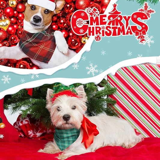 Sanwuta 50 Pieces Christmas Dog Bandanas Bulk, Classic Plaid Dog Bandanas, Triangle Scarf Plaid Kerchief for Small to Large Puppy Pet Cats (L)