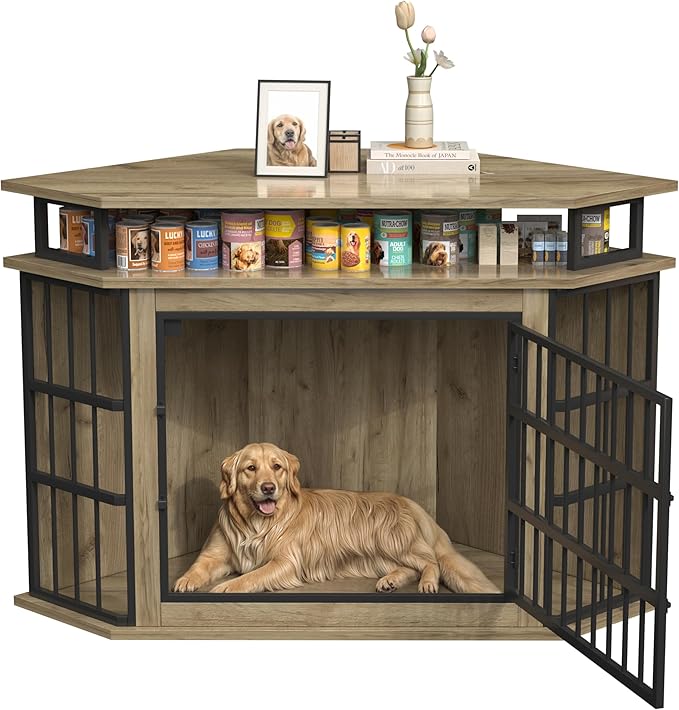 Dog Crate Furniture, 48" Heavy Duty Wooden Dog Crate End Table, XL Dog Kennel Furniture Large Breed, Decorative Dog Kennel Indoor, Double-Door Dog House