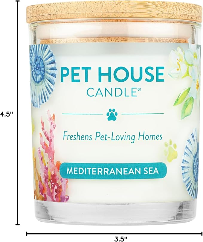 One Fur All Pet House Candle Plant-Based/Soy - Clean Burning Scented, Long Lasting Pet Odor Candle for Home - Mediterranean Sea