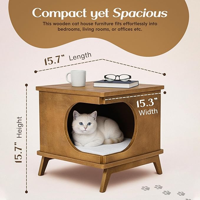Modern Wooden Cat Bed End Table for Indoor Cats – 15.7"x15.3"x15.7" Cat House Side Table with Cushion – Stylish Nightstand Cat Condo for Bedroom or Living Room – Compact Pet Hideaway Furniture