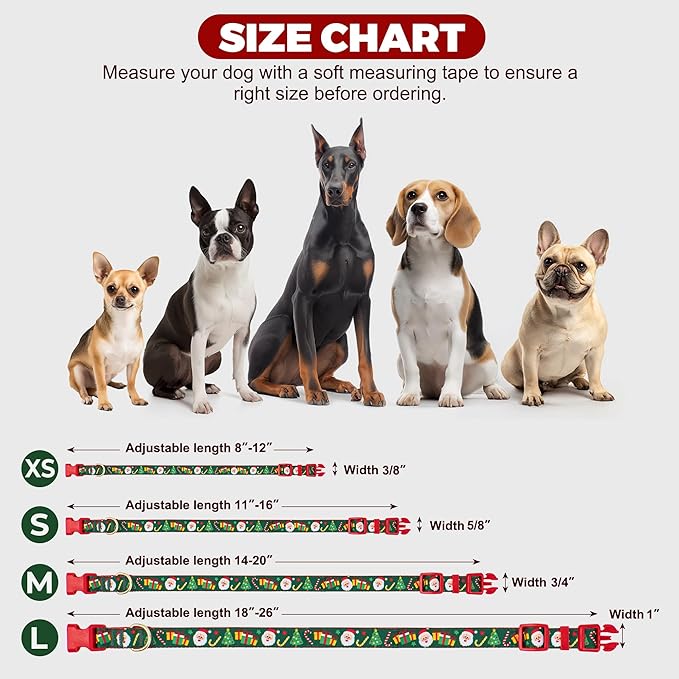 azuza Christmas Dog Collar Santa Print Xmas Pet Collar with Removable Red and Green Bowtie, Adjustable Dog Collar Accessories for Medium Dogs
