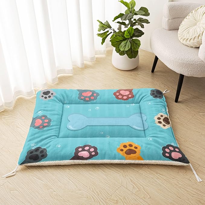 Dog Crate Bed Washable Crate Pad Blue Cute Paw Printed Soft Fluffy Pet Sleeping Mat for Large Medium Small Animals(Paw-9 S)