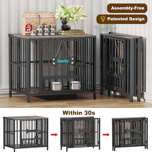 Easycom 27" Dog Crate Furniture Foldable, No Assembly Decorative Dog Kennel Indoor, Dog Crates for Small Dogs (Under 20 lb), Wooden Dog Cage with Adjustable Bowls and Name Tag, End Table, Oak Grey