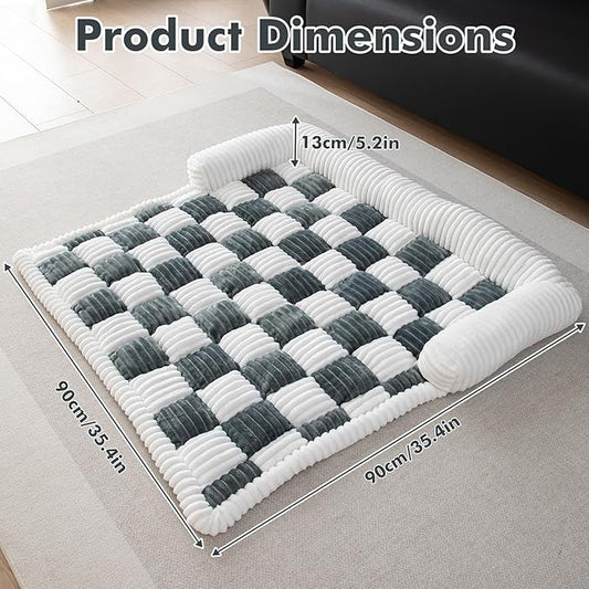 LiveGo Fuzzy Pet Couch Covers for Sofa, Dog Couch Cover Fuzzy Sofa Cover Cream Square Plaid Dog Bed Plush Dog Mat for Furniture Protector for Large Medium Dogs and Cats (Blue Gray, 35.4"*35.4")