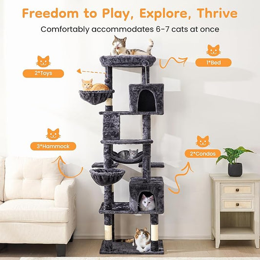 73" Multi-Level Cat Tree Tower for Large Cats with Scratching Posts, Condos, Perch, Hammocks & Toys, Large Cat Jungle Gym for Indoor Cats, Ideal for Multi-Cat Households, Dark Gray