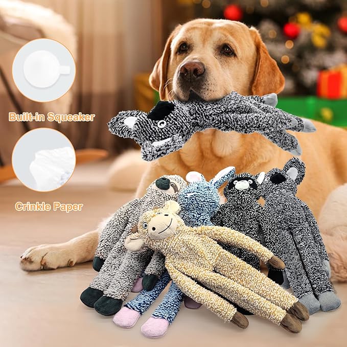 No Stuffing Dog Toys for Large Dogs, 5 Pack Squeaky Crinkle Interactive Dog Animals, Plush Teething Toys to Keep Them Busy, Cute Funny Dogs Gifts for Small Medium Large Breed