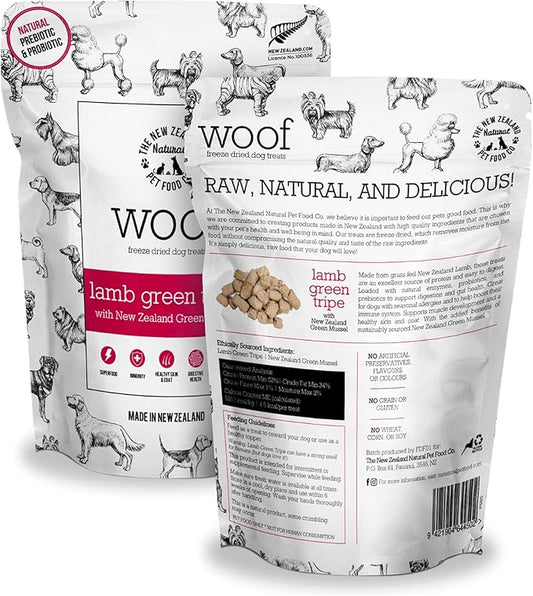 The New Zealand Natural Pet Food Co WOOF Freeze Dried Dog Treats - Lamb Green Tripe, High Protein, Large & Small, Topper or Dog Treat - 1.4 oz
