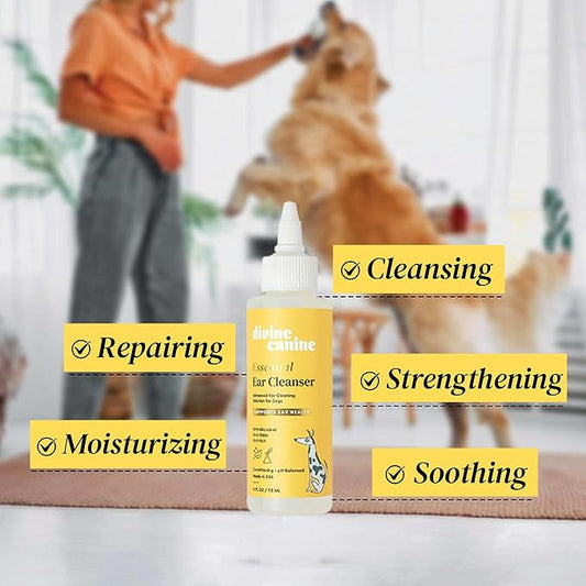 Dog Ear Cleaner - 4 Fl Oz of Dog Ear Wash - Drops to Dissolve Wax, Combat Odor, and Support Healthy Ears - Made with Chamomile, Honey, and Aloe - Made in The USA
