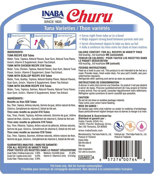 INABA Churu Cat Treats, Grain-Free, Lickable, Squeezable Creamy Purée Cat Treat/Topper with Vitamin E & Taurine, 0.5 Ounces Each Tube, 50 Tubes, Tuna Variety