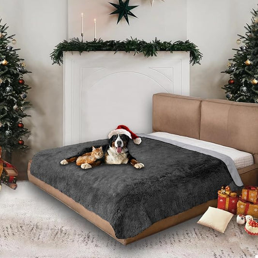 Waterproof Dog Bed Cover, Dog Pad Soft Plush Pet Blanket with Anti-Slip Back for Bed Couch Sofa, Furniture Protector for Small, Medium and Large Dogs and Cats (Dark Gray, 82"x102")