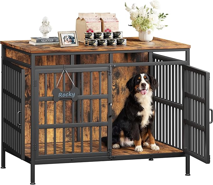 47 Inch Dog Crate Furniture, Heavy Duty Dog Kennel for Small Medium Large Dogs, Double Doors Indoor Decor Pet House Cage, Anti Escape Wooden Dog Cage with Name Tag End Table, TV Stand, Brown