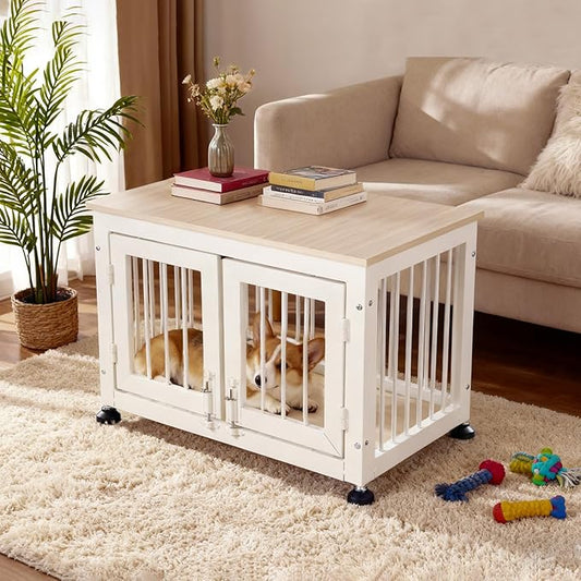 26 Inch Dog Crate Furniture, Heavy Duty Dog Crate for Small Dogs, Indestructible Cage for High Anxiety Dogs with Wooden Table for Indoor Decorative, Escape-Proof Locks & Double Door Cage