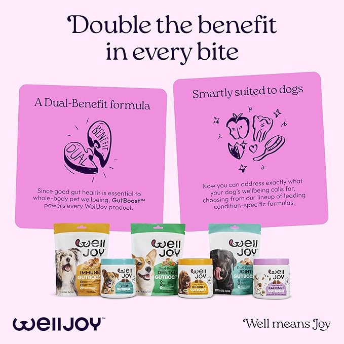 WellJoy Dog Supplement Calming+ GutBoost | Dog Health Supplement | Promotes Relaxation & Calmness | Dual-Benefit GutBoost Formulation | Vet Formulated | USA Made | Chicken Flavor | 90 Soft Chews