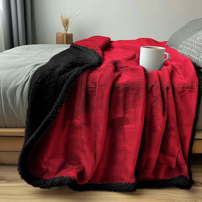 Waterproof Throw Blanket - Sherpa Fleece Reversible Throw, Soft Warm Leak-Proof Bed & Couch Protector for Kids, Pets & Everyday Spills (Velvet Red/Obsidian Black, Throw 50x60