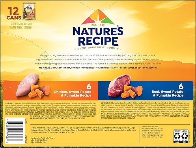 Nature's Recipe Grain Free Wet Dog Food Paté Variety Pack Chicken and Beef Recipes with Sweet Potato & Pumpkin, 13oz. Cans (Pack of 12 Cans)