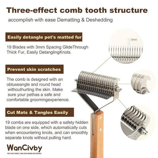 Undercoat Rake Dog Brush Dematting Comb cat shedding tool Dematting Tool Pet Brush Efficiently Detangle and Groom Coats for Large Medium Small Dogs and Cats Comb for Grooming Premium (Square Handle)
