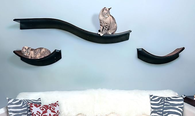 The Refined Feline Lotus Leaf Cat Shelf, Modern Sturdy Curved Design Cat Wall Perch, Elegant Wood Wall Mounted Cat Bed Furniture