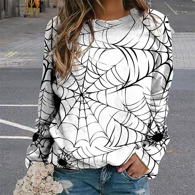 MARSVOVO Fall Sweatshirt for Women Novelty Spider Web Shirt Dressy Casual Crewneck Tunic Tops Spring Graphic Pullover