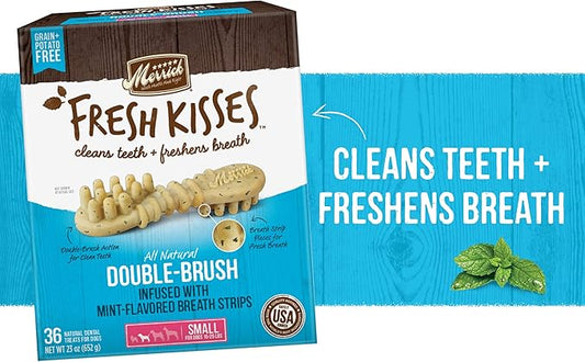 Merrick Fresh Kisses Natural Dental Chews, Toothbrush Treat Shape Infused With Real Mint, Small Dogs 15-25 Lbs - 36 ct. Box