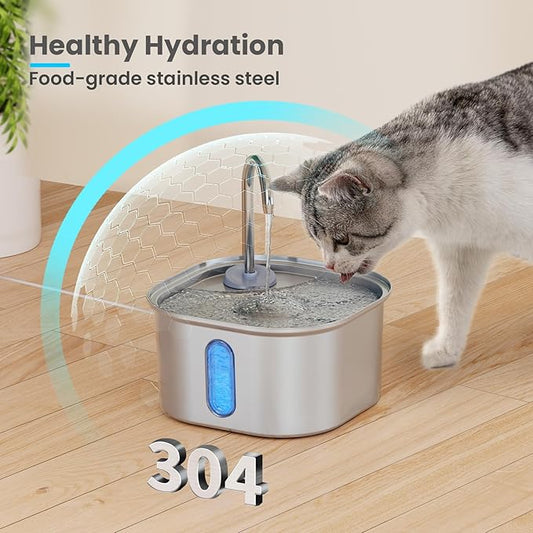 Cat Water Fountain Stainless Steel, 108oz/3.2L Quiet Automatic Cat Fountain for Drinking, Safe Auto Shut-Off, Large Square Pet Water Dispenser for Dogs Indoor with 1 Replacement Filter