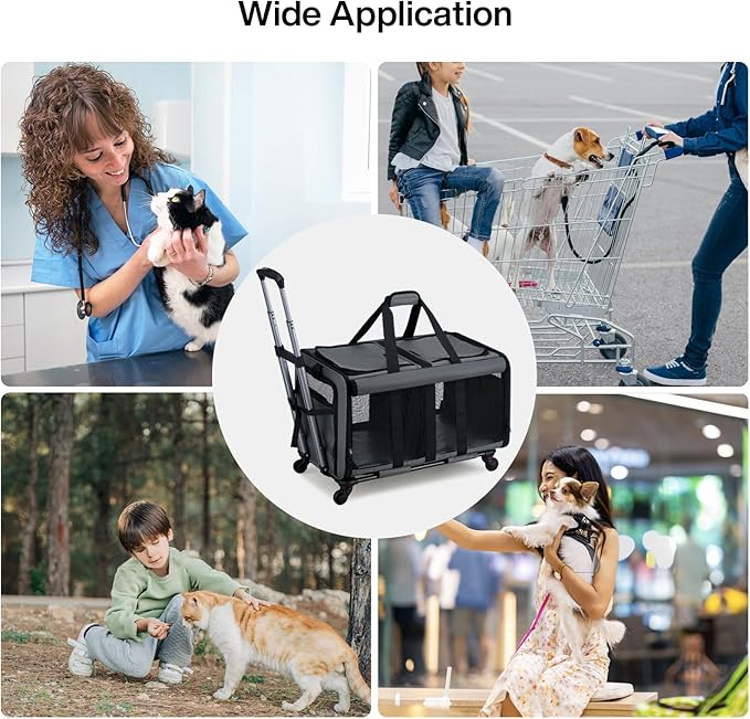 MILADA Large Cat Carrier for 2 Cats, Soft Big Pet Carrier with Wheels, Double Cat Carrier on Wheels, Rolling Pet Carrier for Travel Hiking Shopping and Camping(Not for Air Travel), Grey
