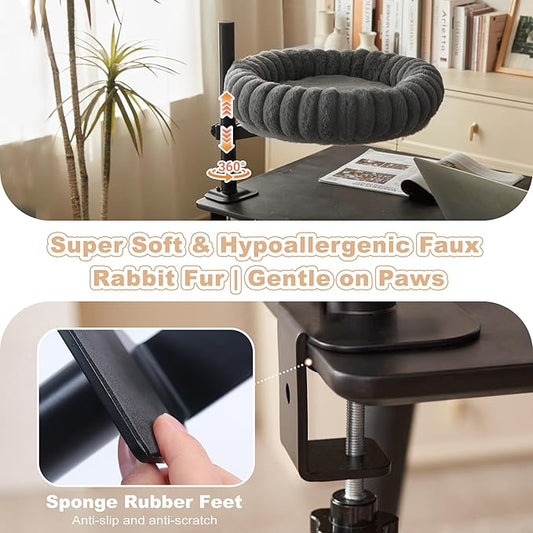 Dogpals 360° Rotating Cat Bed for Desk, Height Adjustable Cat Perch with Semi-Enclosed Design & Removable Cushion, No-Drill Clamp fits up to 1.18" Desk, Supports 9lbs for Office, Gaming Table