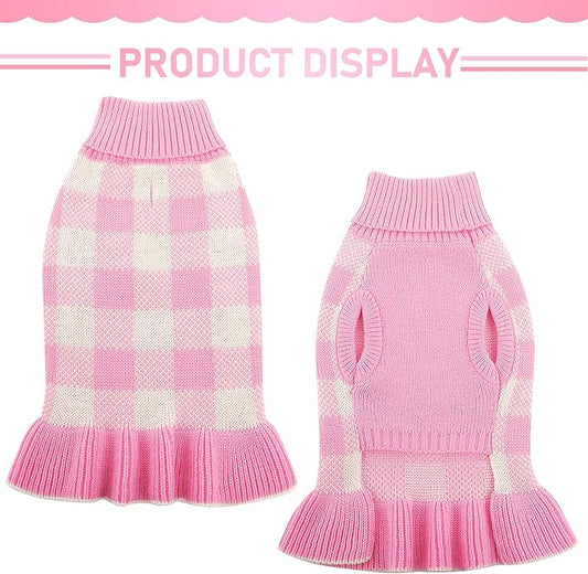 Dog Sweater Dress Plaid Knitwear for Small Medium Dogs Warm Puppy Pet Turtleneck Stretch Pullover Cute Fall Winter Vest Clothes with Leash Hole for Christmas (Pink, M)