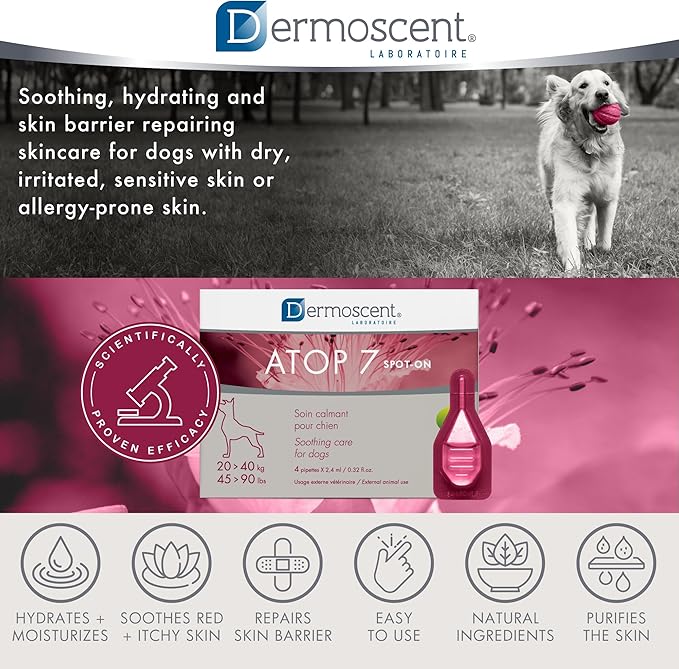 Dermoscent ATOP 7 spot-on - Large Dogs 45-90 lbs - Soothing Care for Sensitive, Dry and Itchy Skin or Allergy Prone Skin - Natural Ingredients - 4 pipettes
