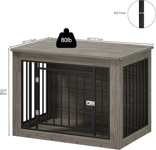YITAHOME 43.7" L Dog Crate Furniture for Large Dogs, 2-in-1 Iron-Wood Fusion Dog Cage Indoor up to 80 lb, Modern Dogs Kennel Side End Table with Waterproof Top, Safety Corners, Steel Lock, Greige